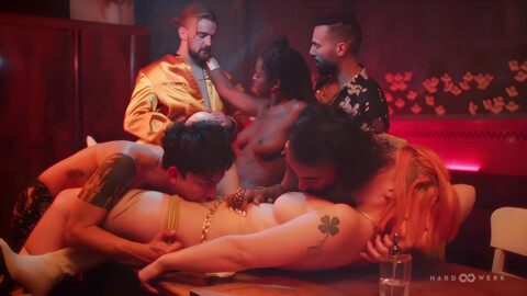 Stunning Bebe And Muriels Trippy 5 Cock Orgy Gangbang